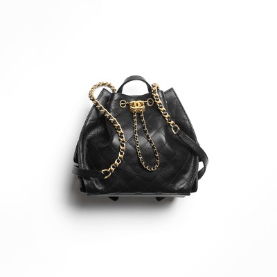 CHANEL 25 MEDIUM BACKPACK GRAINED CALFSKIN & GOLD-TONE METAL BLACK AS5600 (23*23*14cm)